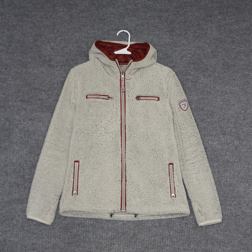 KUHL Fleece Jacket Womens M Gray Red Full Zip Sherpa Hooded Lined Warm Outdoor